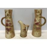 Royal Worcester floral and gilt painted jugs, 1 pair 25cms h, 1 small tusk shape jug 16cms h,