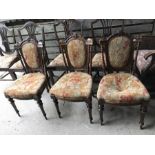 Three Victorian upholstered side chairs, turned and reeded front legs and carving to crest.