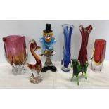 Murano coloured glassware, Clown 23cms h, red blue and pink vases, cockerill, green horse and a