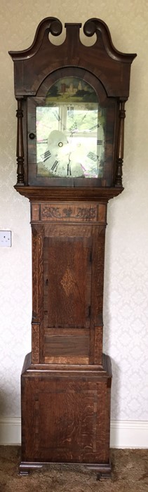 An oak and mahogany cross banded longcase clock, painted face depicting Raby Castle, Durham.