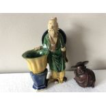 Chinese pottery figure 16cms h together with Chinese carved wooden figure.