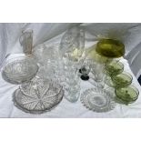 Glassware, Green glass fruit set, various drinking glasses, fruit bowls, jugs, side plates etc.