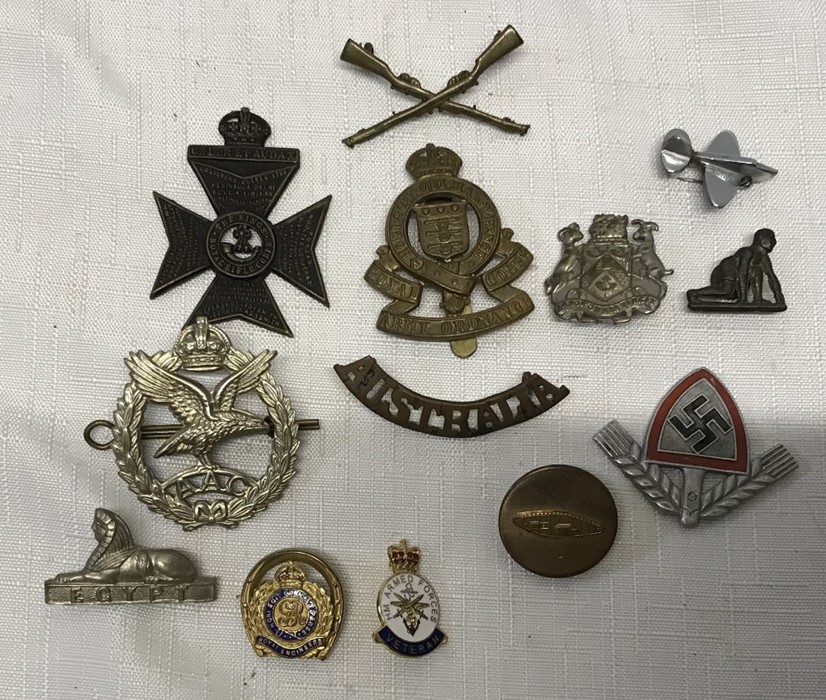 Collection of military cap badges and other pin badges, WW I tank pin badge, WW II German badge,