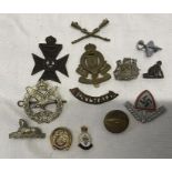 Collection of military cap badges and other pin badges, WW I tank pin badge, WW II German badge,