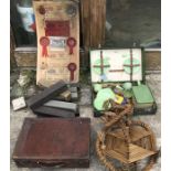 Sirram part picnic set, small leather case, 46cms w, 10 pianola rolls and a poster showing