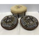 Two Victorian beadwork footstools, 28cms d with a 4 legged oval topped footstool with woolwork.