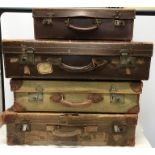 Four mid century suitcases, 2 leather 71 w x 50cms, 1 canvass 67 w and 1 compressed cardboard,