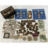 Cash tin containing a collection of British and some world copper and silver coins, Jo Page £1 note,
