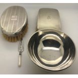 Two silver backed gentlemens hairbrushes with engine turned decoration, hallmarked silver sugar