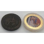 A proof gold plated Cook Islands 1 dollar coin William and Kate Royal Wedding together with a 1797