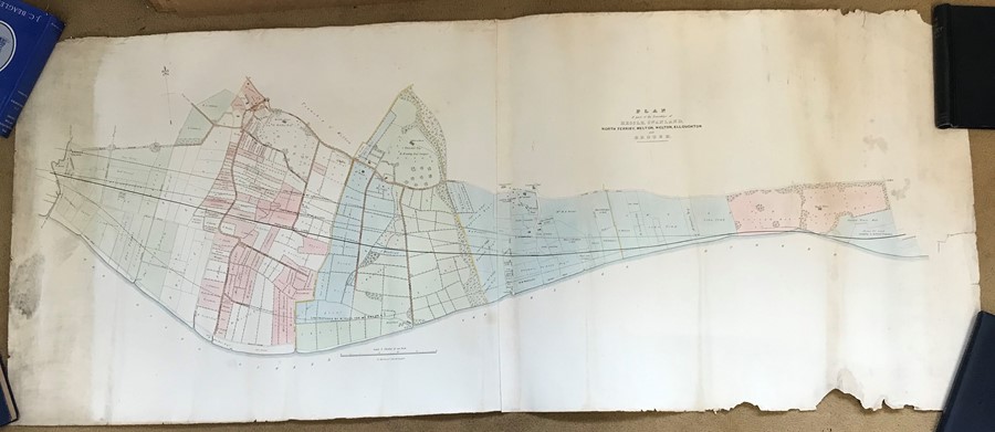 Large 19thC map of proposed railway line to Hull showing various potential routes, Swanland, North
