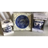 Ringtons blue and white Willow pattern large vase, ginger jar and a decorative plate, pastoral