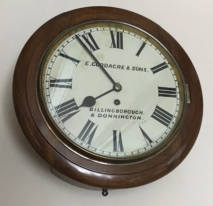 A mahogany 19thC fusée wall clock. E Goodacre and Sons. Billingborough and Donnington.