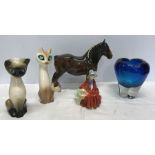 Mixed lot of ceramics and glass to include Beswick Shire horse 21.5cms h, Royal Doulton figure Linda