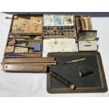 Early 20thC child's chalkboard, pencil cases, rulers, 2 Winsor and Newton watercolour paint tins.