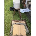 Three vintage Goddard folding dog beds, folding stool and cardboard hat box.