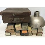 Selection of 18 Pianola rolls, small cardboard suitcase. 36cms w and a Philips metal light shade.