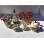 Mixed lot, 2 ILM German crystal glass engraved goblets, 20cms h, amusical decanter tea set and jug