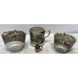 Nineteenth century ceramics, large mug Great Exhibition 1851, hairline cracks to rim, 2 bowls with