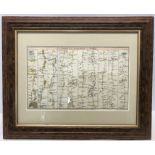 Framed early map, The road from London to York, drawn and engraved by J Gibson. 19 h x 30cms w.