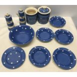 T G green blue and white domino pattern ware, 5 bowls 16.5cms, 1 side plates 18cms, sugar jar, no