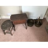 Two vintage stools, 2 brass jam pans and a copper posher.