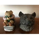 A metal dog inkwell with a Beswick Beatrix Potter Mr Jackson.