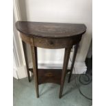 A mahogany and inlaid demi lune side table with drawer to front. 30 d x 57 w x 75cms h. Slight
