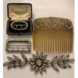 Two good quality 19thC paste buckles decorated horn hair comb and a paste and metal dress
