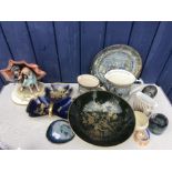 A boxed lot of ceramics to include Noirtake dish, Belleek bowl, Coalport bowl, Carlton ware dish,