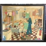 Framed oil painting on board, humorous scene The Travelling Salesman, signed K. Fowler 83. 63 h x