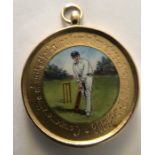 A 15 carat gold and enamel cricket medal Commemorative of Yorkshire County Cricketers to