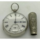 Hallmarked silver pocket watch, London 1910/11 with gold fox design, 99gms total weight together