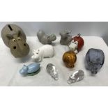 Collection of Hippo ornaments including Nao LLadro, Villeroy and Boch, Royal Osborne, Muggins