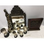 Brass framed mirror , horse brasses, presentation cups for Bramham Moor Hunt, York Show etc and