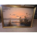 Oil on canvas, sunset lake, signed L.L. G.Brouwer.