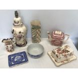 Masons Ironstone Pottery selection. Mandalay table lamp, 38cms h, jug 14cms, Applique vase, 25cms h,