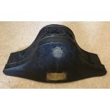 Navy doctors bicorn hat in metal case C1900, brass labels for Matthews and Co outfitters Portsea,
