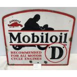 Enamel sign. Mobiloil 'D' for motorcycle engines with motorcycle silhouette, double sided. 38 w x
