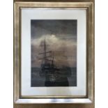 Gilt framed water colour painting, paddle ship and sail ship by moonlight, signed indistinctly