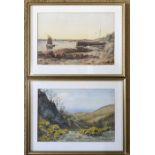 A pair of gilt framed watercolours by W Noel Johnson of coastal scene, early morning Corrie Isle