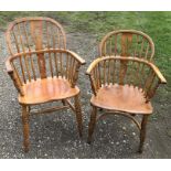 Two oak and elm Windsor spindle back armchairs, smaller chair, height to seat 42cms, height to