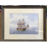 Roger Davies. Large framed watercolour painting, signed Roger Davies. The Bounty off Tahiti. 52cms h