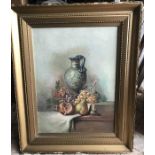 Gilt framed oil painting on canvas, still life fruit and jug. 62 h x 46cms w. initial signed E.F