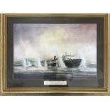 Gilt framed DC Bell print MV Norland and HMS Fearless, San Carlos Sound, Falkland Islands 1982. 56cm