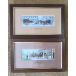 Pair of framed Cash's woven silk pictures street scene and The Village Inn. 7cms h x 21cms w.