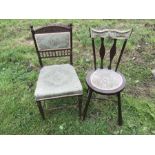 Three bedroom chairs, one circular seat splat back, 45 h to seat, 85 h to back, 37cms w and two