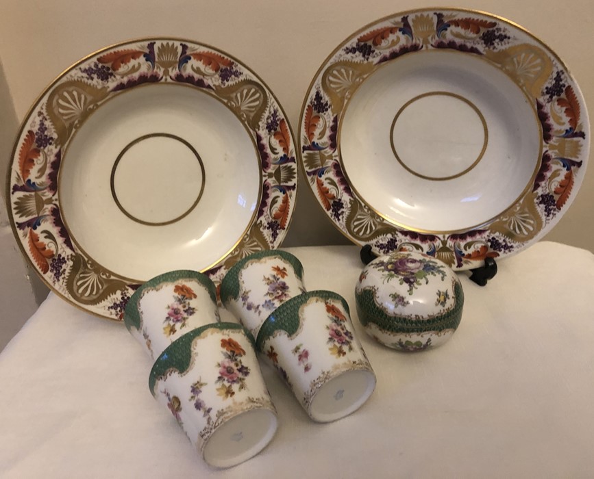 A pair of 19thC Derby bowls, 1 with hairline to centre with Continental porcelain cans and lidded