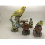Six Royal Worcester bird figures, Bullfinch, Wood Warbler, chip to beak, Robin, Goldfinch, chip to