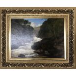 Oil painting on canvas by Edmund Gill 1820-1894. Waterfall picture with signature to bottom right
